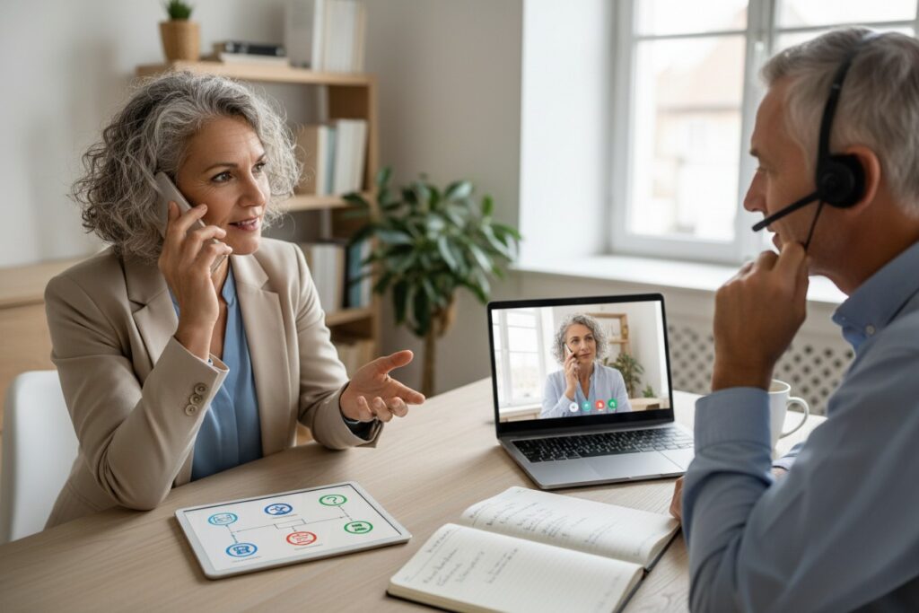Une femme aux cheveux gris téléphone assise à un bureau face à un homme portant un casque audio et regardant un ordinateur portable.
