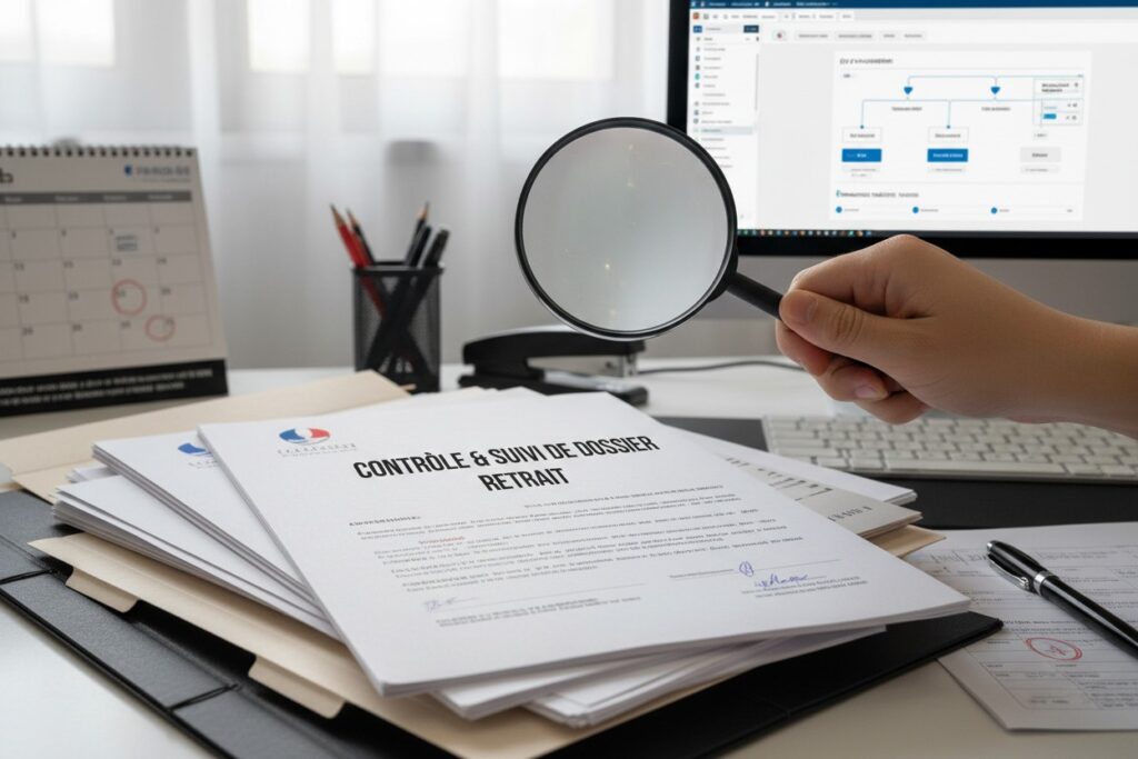Une main tient une loupe au-dessus d'une pile de documents administratifs posés sur un bureau, avec un écran d'ordinateur en arrière-plan.